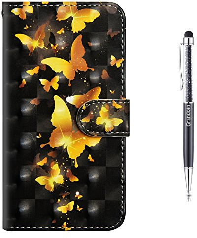 Grandoin Galaxy J3 2017 Hülle, Handyhülle im Brieftasche-Stil für Samsung Galaxy J3 2017 Handytasche PU Leder Flip Cover 3D Bunte Muster Case Schutzhülle (Gelber Schmetterling)