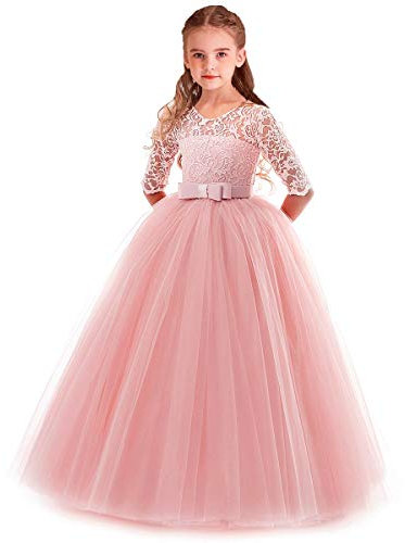 MYRISAM Elegante Vestito per Ragazze Abiti Damigella Manica 3/4 Principessa Abiti Lungo Tulle Pizzo Cerimonia Compleanno Prima Comunione Battesimo Natale Halloween Carnevale Cocktail Rosa 11-12