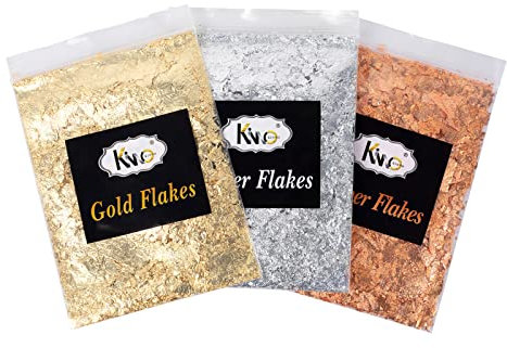 KINNO Gold Leaf Flakes, Gold Foil 3 Sets Gold Leaf for Nails, Art and Craft, Furniture, Gilding, Painting, Resin Jewelry(1g Copper Leaf Sheets + 1g Silver Leaf Sheets + 1g Rose Gold Sheets)