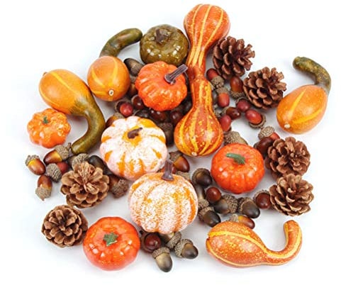 50PCS Halloween Deko Künstliche Kürbisse Simulation Kürbisse Beeren Ahornblätter DIY Herbst Zierkürbis Thanksgiving Dekorationen Set