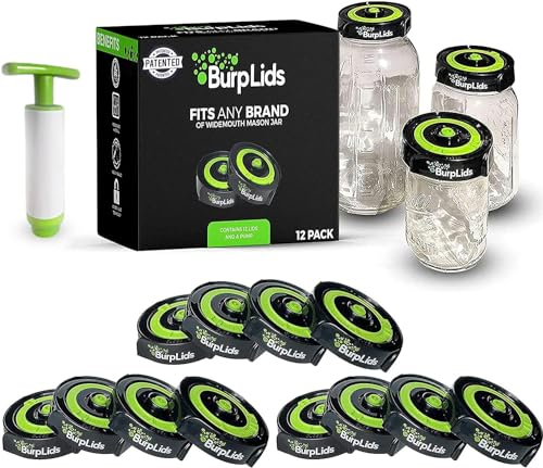 Burp Lids 12 Pack Curing Kit - Fits All Wide Mouth Mason Jar Containers - A Home Harvesting Essential 12 lids + extraction pump.Vacuum sealed for successful cure.
