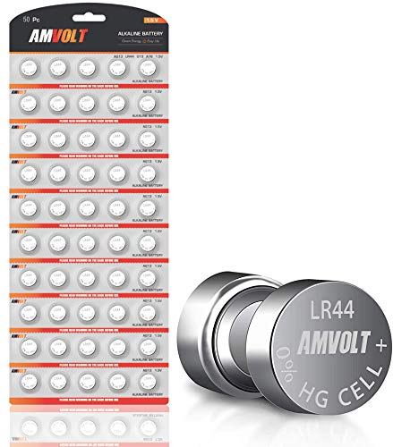 AmVolt 50 Pack LR44 AG13 SR44 357 303 LR44G Battery - [Ultra Power] Premium Alkaline 1.5 Volt Non Rechargeable Round Button Cell Batteries for Watches Clocks & Electronic Devices - 2024 Exp Date