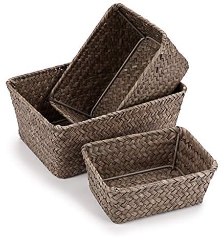 IGNPION Set of 3 Seagrass Storage Basket Woven Seagrass Desktop Basket Rectangular Organiser Box Shelves & Desks Decorative Basket for Sundries Stationery Toys Cosmetics Books (Coffee)