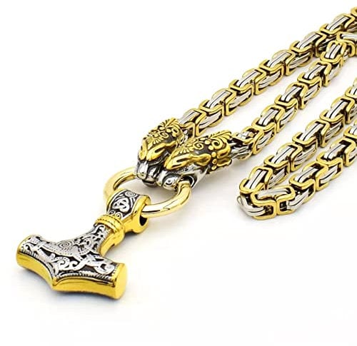 JAOYU Viking Necklace for Men Thor Hammer Necklace Wolf Head Pendant Stainless Steel King Chain Norse Jewelry - Men,Boys,Husband Gifts