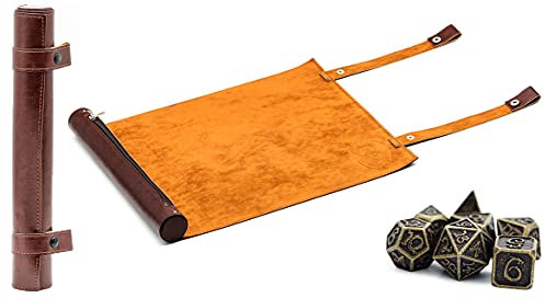 World of Dice Würfelmatte für Pen and Paper - aus Kunstleder, zum Rollen, mit Aufbewahrung für polyedrische Würfel, ideal für DND, DSA, UVM. (rotbraun rustikal, mit Würfel)
