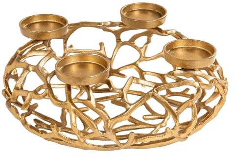 Eleganter Kerzenhalter Abstract Ø 38cm Gold Kranz aus Ästen für 4 Kerzen Adventskranz aus Aluminium Tischkranz für Stumpenkerzen