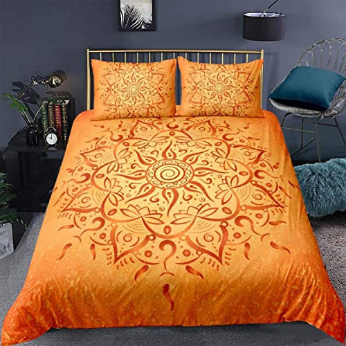 XCWDC Housse de Couette 220x240 Mandala Orange Parure de Lit 2 Personnes 3D Imprimée Microfibre et 2 taies d'oreiller 65x65 cm pour Fille, avec Fermeture éclair 220x240 cm + 2x65x65 cm