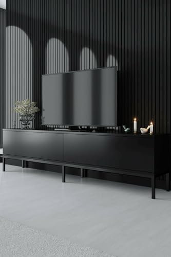 Dmora - Fernsehschrank Regulus, Ständer für Wohnzimmerfernseher, Niedriges Wohnzimmer-Sideboard, TV-Ständerbasis, 180x30h47 cm, Schwarz