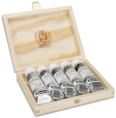 Schmincke - HORADAM® AQUARELL, Super Granulation Set Haze, 5 x 15 ml tubes, 74 885 097, wooden set, very strong granulating colours, finest, super granulating watercolours
