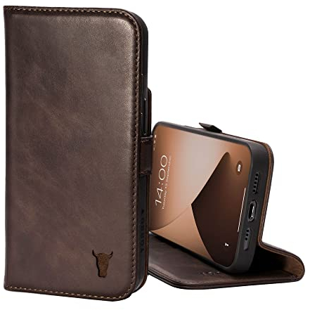 TORRO Leather Case Compatible with iPhone 14 Plus – Genuine Leather Wallet Case/Cover with Card Holder and Stand Function (Dark Brown)