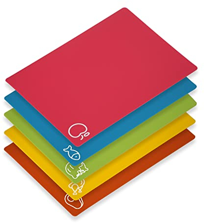 GoodLuck Plastic Cutting Board-5 Pcs Flexible Chopping Board Mats with Food Icons,Non Slip Antimicrobial Colour Cutting Boards for Kitchen, Dishwasher Safety