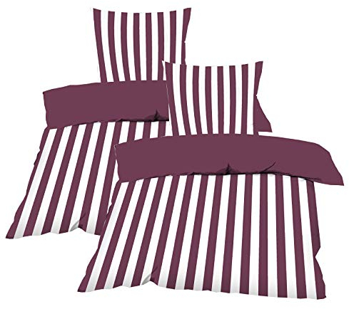 Casa Colori Bettwäsche 135x200 cm aus 100% Baumwolle Wendebettwäsche 4tlg. Gestreift Bordeaux Beere