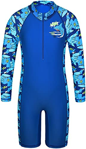 HUAANIUE - Traje de baño con cremallera de manga larga (1 unidad) - Anti UV UPF 50+ niños y niños, S403-pescado Azul marino, 6-8 años