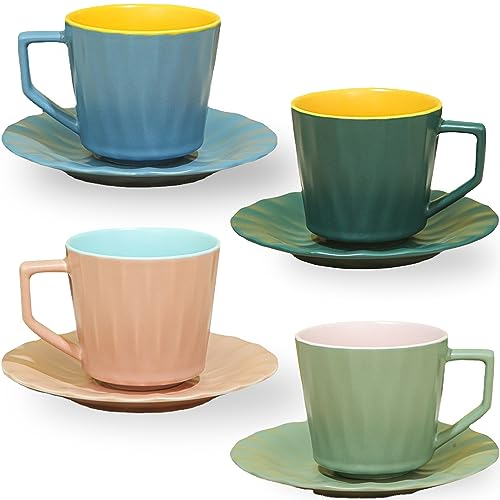 ARRADENS Teetassen und Untertassen, 213 ml, große Espressotassen, 4er-Set, Porzellan-Kaffeetasse und Untertasse, spülmaschinen- und mikrowellengeeignet für Cappuccino, Latte, Mokka, Teeparty