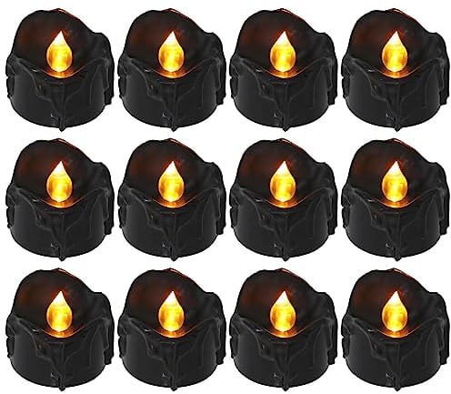 Black Tea Lights Candles, Battery Operated Flickering Warm Yellow Flameless LED Candles, Halloween Melting Candle for Holiday Decor, Theme Party, Button Battery Included (12pcs)