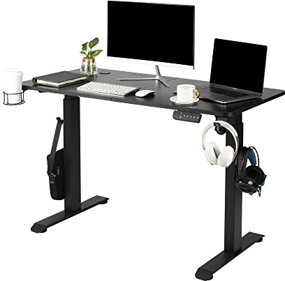 Makika Höhenverstellbarer Schreibtisch 120 x 60 cm - elektrisch stufenlos Höhenverstellung mit 4 Speicher-Steuerung Kopfhörerhalter Getränkehalter Kabelmanagement - Gaming Computertisch in Schwarz