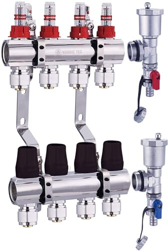 Nordic Tec Heizkreisverteiler mit Eurokonus-Anschlüssen, Durchflussmesser, Oberthermometer, (4 Heizkreise, mit Eurokonus 3/4x16 ohne Kugelhähne)