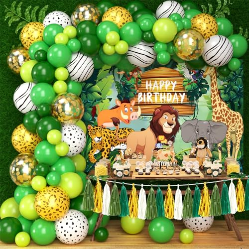 Tacobear Dschungel Safari Geburtstagsdeko Party Deko mit Luftballon Girlande Grün Hintergrund Quaste Girlande Jungle Waldtiere Kindergeburtstag Deko Jungen Kinder