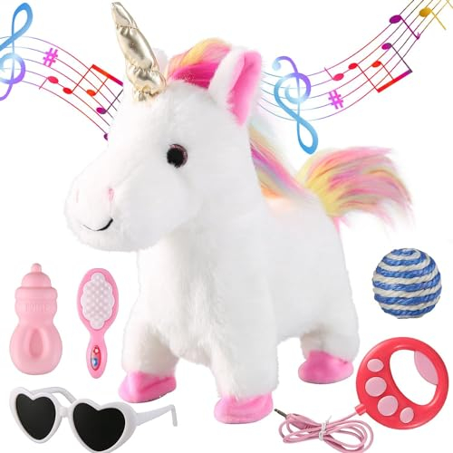 Marsjoy Weißes laufendes Einhorn-Spielzeugset, singendes, tanzendes elektronisches Plüsch-Einhorn mit Leine, Touch-Steuerung, realistische Schritte, Nicken, Schwanzwedeln, so tun, als würde man sich v