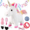 Marsjoy Weißes laufendes Einhorn-Spielzeugset, singendes, tanzendes elektronisches Plüsch-Einhorn mit Leine, Touch-Steuerung, realistische Schritte, Nicken, Schwanzwedeln, so tun, als würde man sich v