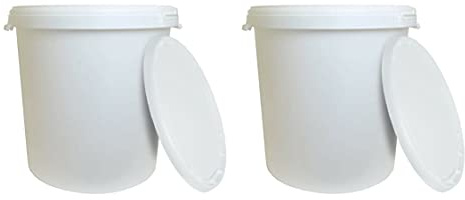(Set of 2) - 25L Litre White Plastic Storage Bucket Hydroponic Storage Container Tubs Brew Buckets Fermentation Buckets Bait Bucket Food Cleaning (With Tamper Evident Lid)
