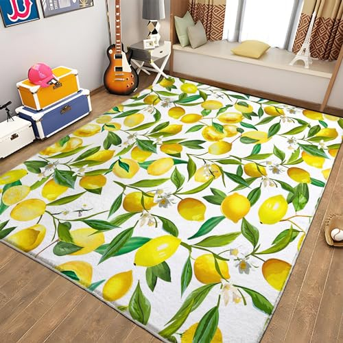 Gelb Teppich Wohnzimmer 60 x 90cm Zitrone und grüne Blätter Teppich Schlafzimmer Dekor Modern 3D Druck Teppich Weiche Flanell Kinderzimmer Teppiche Küche Korridor Esszimmer Bodenmatte
