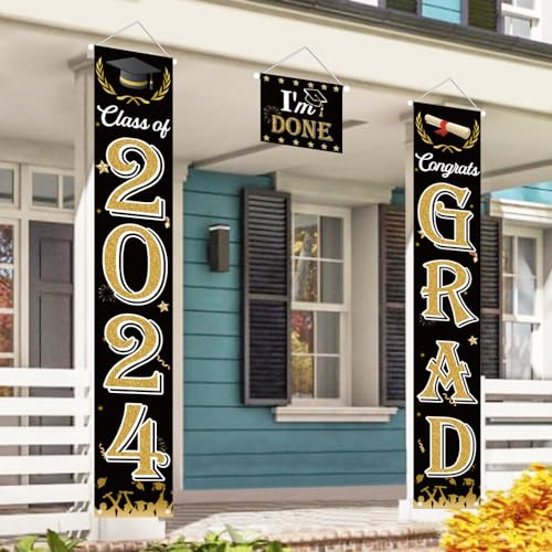 3 Stück 2025 Graduation Deko Banner, Abschlussfeier Dekoration Set, Bachelor Hut Deko Fahnen Veranda Zeichen Willkommen Banner für Graduation Abschlussparty Hängende Dekoration 180 * 30cm (Schwarz)
