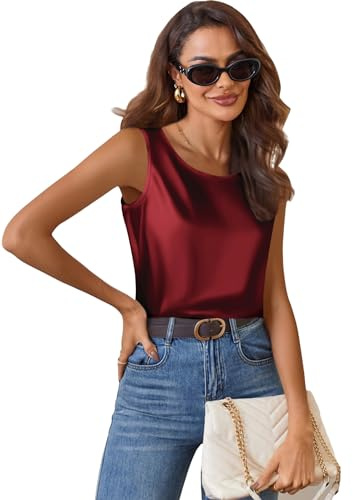 Satin Cami Top Silk Tank Tops Camisole Tops Scoop Neck Vest WineRed M