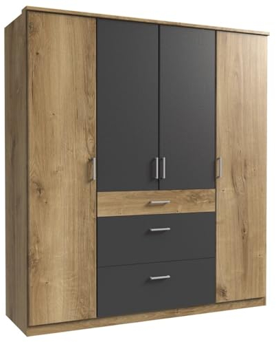 DEINE TANTE EMMA 179626 Kleiderschrank Click 4türig Planken Eiche Nb. / Anthrazit Stauraumschrank Jugendzimmerschrank ca. 181 cm