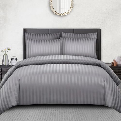 Pamposh Set copripiumino super king a righe in raso, set di biancheria da letto con copripiumino di prima qualità alberghiera, biancheria da letto in microfibra morbidissima e ipoallergenica