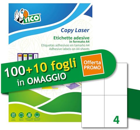 Tico Italia LP4W-105148P Mehrzweck-Etiketten, weiß, 100 + 10 extra Blatt, rechteckig 105 x 148 mm, 4 Etiketten pro Blatt, permanent klebend, Laser- und Tintenstrahldrucker