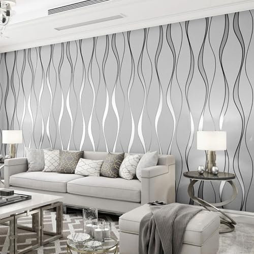 Wetoothi Light Grey Wave Striped Wallpaper Modern Minimalist Wallpaper Non-Woven Wallpaper for Living Room Textured Wallpaper 3D Flocking Embossed Wallpaper 53cm x 9.5m Wall Paper Roll for Bedroom