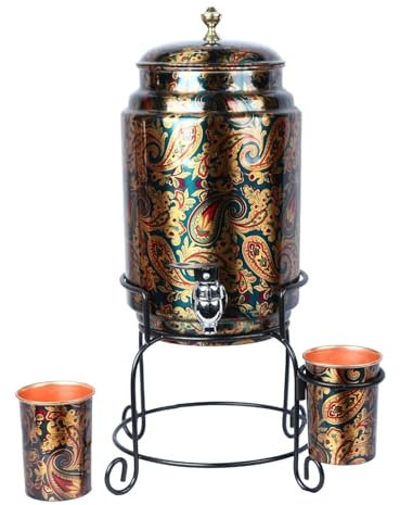 Amilav Collections Kupfer-Wasserspender, handgefertigt, Matka-Grün, bedruckt, 5 Liter, Behälter mit 2 Kupferglas und Ständer, reines Kupfer und Ayurveda-Gesundheitsvorteile (Lagerkapazität 5 Liter)