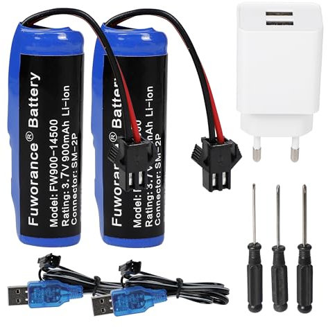 Fuworance 2Pcs 900mAh 3.7V Batteries Lithium-ION de Remplacement Piles Rechargeables Li-ION avec SM-2P USB Chargeur Connecteur pour Bateaux Chars Voitures RC Navires Robot Prise Européenne