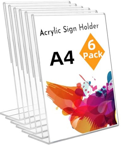Changxin A4 Acryl Schilderhalter, 6 Stück Transparenter Aufsteller L Form Ständer Tischaufsteller für Empfang, Büro, Geschäft, Restaurant, Hotel