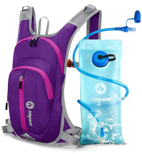Nepest Trinkrucksack 8L - Fahrradrucksack & Skirucksack mit 2L Trinkblase | Ideal für MTB, Laufen & Skifahren | Verstellbarer Brust & Taillengurt mit Sicherheitspfeife - Violett