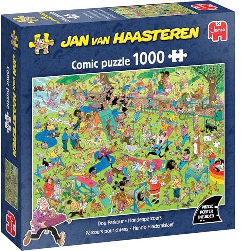 Jan Van Haasteren Dog Parkour - 1000 Piece Adults Puzzle - Large Jigsaw Puzzle for Adults - 100% Recycled Cardboard 1000Pc Comic Jigsaw, Fun Pet Theme - Dimensions 68 x 49cm