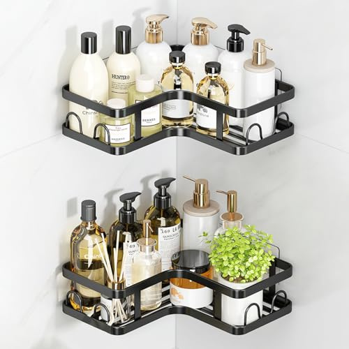 Duschablage ohne Bohren 2 Stück, Duschregal Ecke zum kleben, Platzsparende Duschgel Halterung Rostfrei, Badezimmer Ablage Organizer für Shampoo, Duschhalterung Eckregal für Bad Dusche Küche, Schwarz