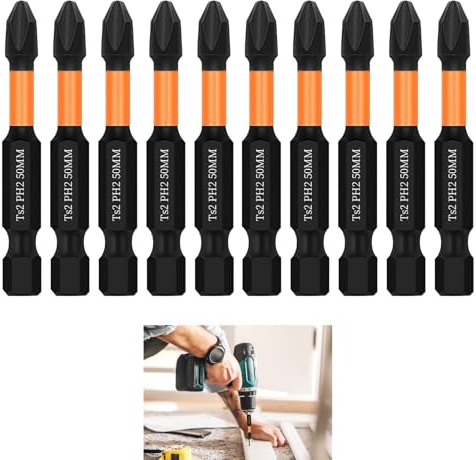 10pcs PH2 50mm Impact Duty Screwdriver Drill Driver Bits Set, Phillips Screwdriver Bits Anti-Slip Magnetic Head, S2 Steel for Furniture Assembly, Home Appliance, Mechanical Repair, 1/4 Inch Hex