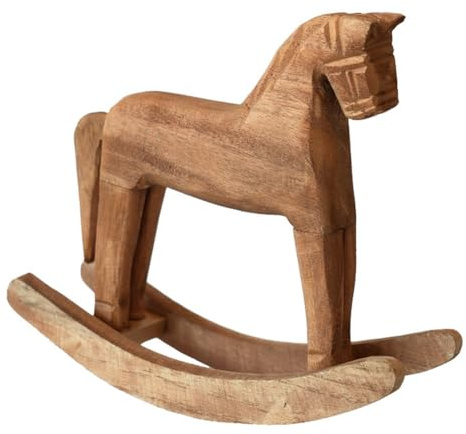 NONDK Vintage Carved Wood Rocking Horse Animals Decorated with Wood Carved Craft Horse Figurines for Home Decoration