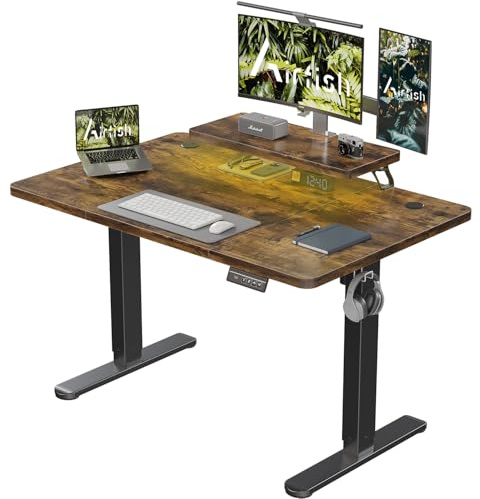Airfish Höhenverstellbarer Schreibtisch 120 x 60cm mit Monitorständer | Schreibtisch Elektrisch mit LED Beleuchtung,Computertisch für Home Office und Gaming,Braun