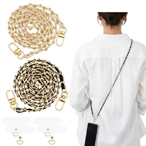 Bruislard 2 Pack Phone Chain Crossbody with 4 Lanyard Patches | Metal Cell Phone Chain Thin Crossbody Strap for Universal Most Smartphones (Black Gold/White Gold)