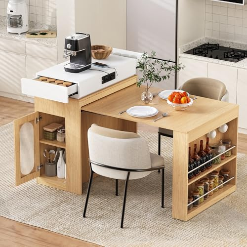 NuvlaGu Isla de cocina con tablero extensible, regleta, espacio de almacenamiento y ruedas, moderno aparador como mesa de comedor, mesa de bar o aparador para cocina y comedor natural (natural, 83 x
