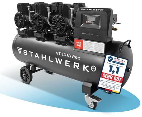 STAHLWERK Compressore con serbatoio da 120 L (ST-1010 Pro) – senza olio & silenzioso, 10 bar, compressore d'aria con motori brushless, 5,91 CV, 4,35 kW, 750 l/min, compressore a pistoni silenzioso