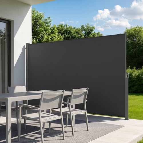 VEVOR Store Latéral Rétractable 180x300 cm, Brise-Vue Rétractable pour Terrasse, Jardin, Balcon et Piscine, Toile Polyester 180 g/m², Imperméable, Protection Solaire, Délimitation de l'espace, Gris