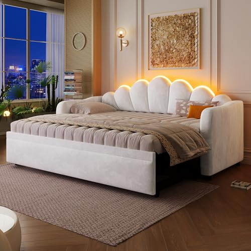 FammyLoft Polsterbett 90 * 200cm mit Ausziehbarem, Ausziehbett mit LED-Beleuchtung, Sofa Bett mit Dick Gepolstertem, Tagesbett Ausziehbar, Daybett, für Wohnzimmer/Schlafzimmer, Ohne Matratze, Samt