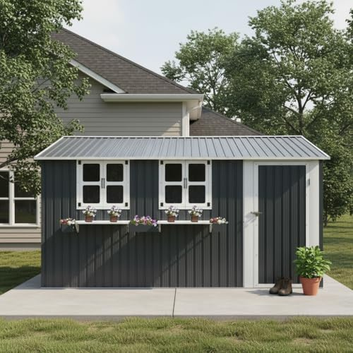 10,21 m² Gartenhaus aus verzinktem Stahl, Geräteschuppen mit 3 Fenstern, abschließbaren Doppeltüren & Blumenregal, Wetterfestes Gerätehaus Grau (Anthrazitgrau, 12x10FT)