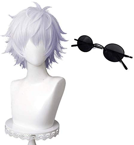 GZIRUE Silber Helllila Kurze Perücke Haar für Satoru Gojou Cosplay Halloween Party Anime JJK Kaisen Wig Kostüm Männer mit Brille
