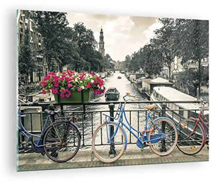 Bilder auf Glas Amsterdam Fahrräder Brücke Glasbild 70x50cm Wandbilder Dekoration Wohnzimmer Schlafzimmer Küche Deko Klein Wanddeko Bild im Glas Wand Kunstdruck Art Modern Wall Decor GAA70x50-4503