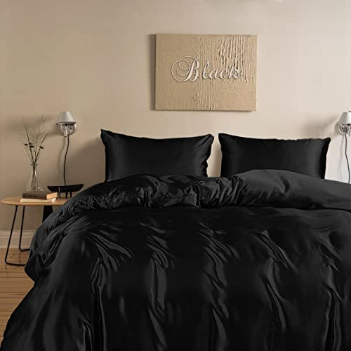 LINENWALAS 100 % Tencel 3-teiliges Bettbezug-Set mit Reißverschluss und Eckbändern – weichste kühle Eukalyptus-Bettwäsche, perfekt für Hautpflege (Doppelbett, Tiefschwarz)
